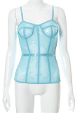 Blue Fashion Sexy Solid See-through Backless Spaghetti Strap Tops