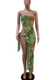 Green Sexy Print Hollowed Out Spaghetti Strap Irregular Dress Dresses