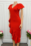 Red Fashion Casual Solid Asymmetrical V Neck Short Sleeve Dress