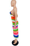 Multicolor Fashion Sexy Striped Backless Spaghetti Strap Long Dress