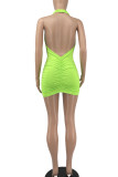 Fluorescent Green Celebrities Solid Backless Fold Halter Pleated Dresses