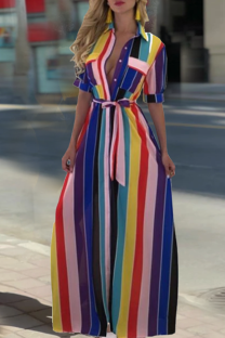 Multicolor Fashion Striped Print Frenulum Turndown Collar Long Dress