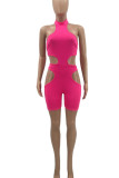Pink Sexy Solid Hollowed Out Patchwork Halter Skinny Rompers