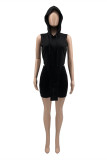 Black Fashion Casual Solid Asymmetrical Hooded Collar Sleeveless Two Pieces