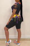 Black Casual Patchwork Tie-dye O Neck Short Sleeve Two Pieces