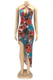 Blue Sexy Print Hollowed Out Backless Spaghetti Strap Sleeveless Dress