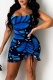 Blue Sexy Print Patchwork Strapless Pencil Skirt Dresses