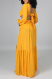 Yellow Casual Solid Patchwork V Neck Irregular Dress Dresses