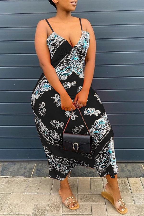 Black Sexy Print Patchwork Spaghetti Strap Straight Dresses