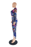 Deep Blue Sexy Print Hollowed Out V Neck Irregular Dress Dresses