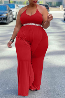 Red Sexy Casual Solid Backless Without Belt Halter Plus Size Jumpsuits