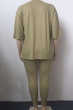 Gray Green Casual Solid Patchwork O Neck Plus Size Two Pieces
