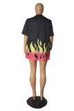 Black Fashion Casual Print Cardigan Turndown Collar Short Sleeve Two Pieces