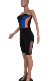 Black Street Geometric Print Patchwork Strapless Skinny Rompers