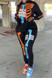 Black Casual Print Patchwork Hooded Collar Long Sleeve Two Pieces