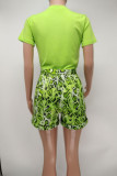 Green Casual Print Split Joint O Neck Short Sleeve Two Pieces