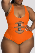 Orange Fashion Sexy Print Leopard Hollowed Out U Neck Plus Size Swimwear
