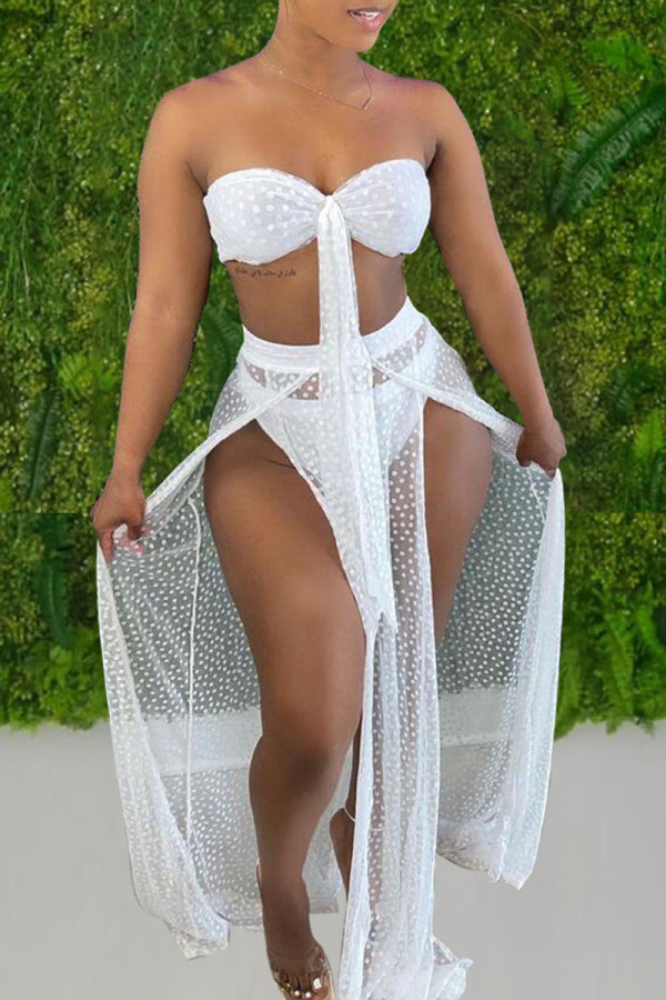 White Sexy Print Polka Dot Bandage Hollowed Out Patchwork Swimwears