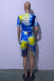 Blue Fashion Print Tie Dye Tassel O Neck Short Sleeve Two Pieces