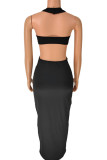 Black Sexy Solid Patchwork Backless Halter Sleeveless Two Pieces