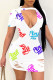 White Sexy Print Hollowed Out Patchwork Asymmetrical Collar Pencil Skirt Dresses