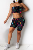 Black Fashion Sexy Print Backless Strapless Sleeveless Two Pieces