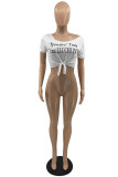 Grey Fashion Casual Letter Print Bandage Oblique Collar T-Shirts