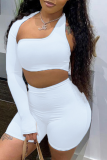 Pink Casual Solid Hollowed Out One Shoulder Long Sleeve Two Pieces