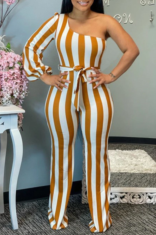 Yellow Casual Striped Print Patchwork Oblique Collar Straight Jumpsuits