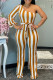 Yellow Casual Striped Print Patchwork Oblique Collar Straight Jumpsuits