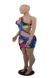 Multicolor Fashion Sexy Print Hollowed Out Backless One Shoulder Sleeveless Dress