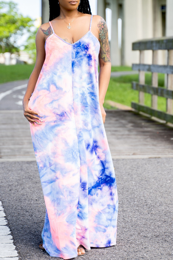 Purple Sexy Print Patchwork Spaghetti Strap Straight Dresses
