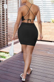 Black Fashion Sexy Solid Backless Spaghetti Strap Sleeveless Two Pieces