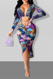 Deep Blue Sexy Print Hollowed Out V Neck Irregular Dress Dresses