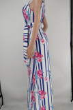 Colorful Blue Sexy Print Split Joint Spaghetti Strap Straight Dresses