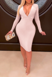 Color Blue Sexy Solid Patchwork V Neck Pencil Skirt Dresses
