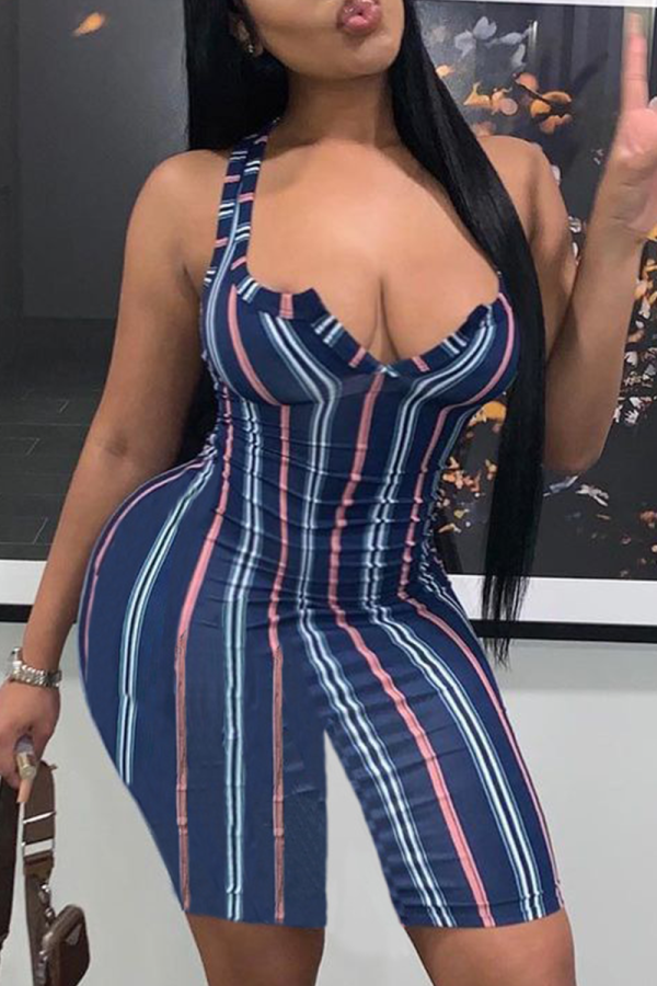 Blue Sexy Striped Patchwork V Neck Skinny Rompers