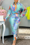 Blue Casual Print Patchwork Turndown Collar Long Sleeve Two Pieces