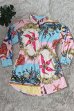 Powder Blue Fashion Casual Print Basic Turndown Collar Shirt Dress Dresses