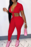 Red Sexy Casual Solid Bandage Turndown Collar Short Sleeve Two Pieces