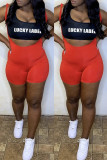 Red Sexy Casual Letter Print Hollowed Out Spaghetti Strap Sleeveless Two Pieces