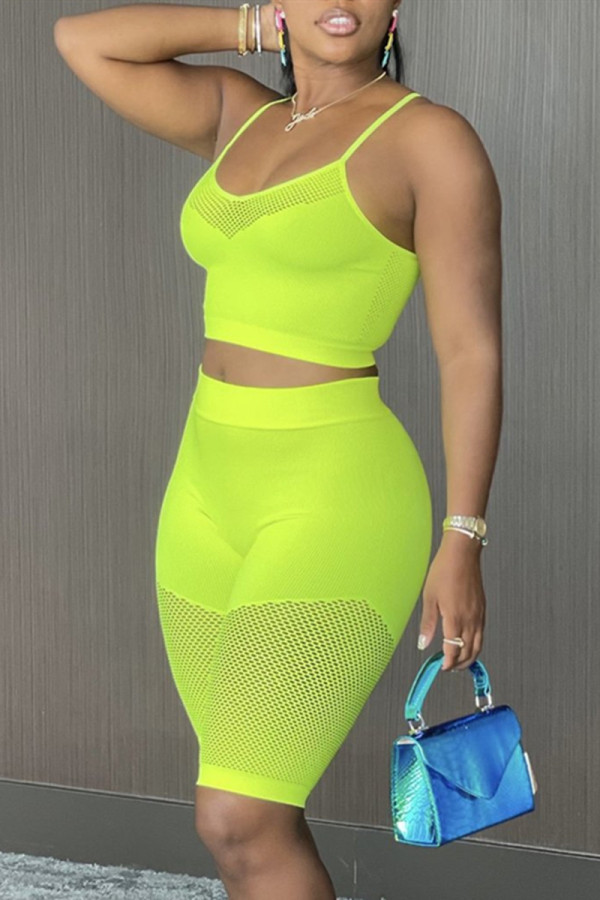 Green Fashion Sexy Solid Patchwork See-through Spaghetti Strap Sleeveless Two Pieces