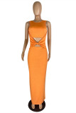 Orange Sexy Casual Solid Hollowed Out O Neck Sleeveless Dress