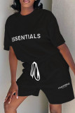 White Fashion Casual Letter Print Basic O Neck Short Sleeve Two Pieces