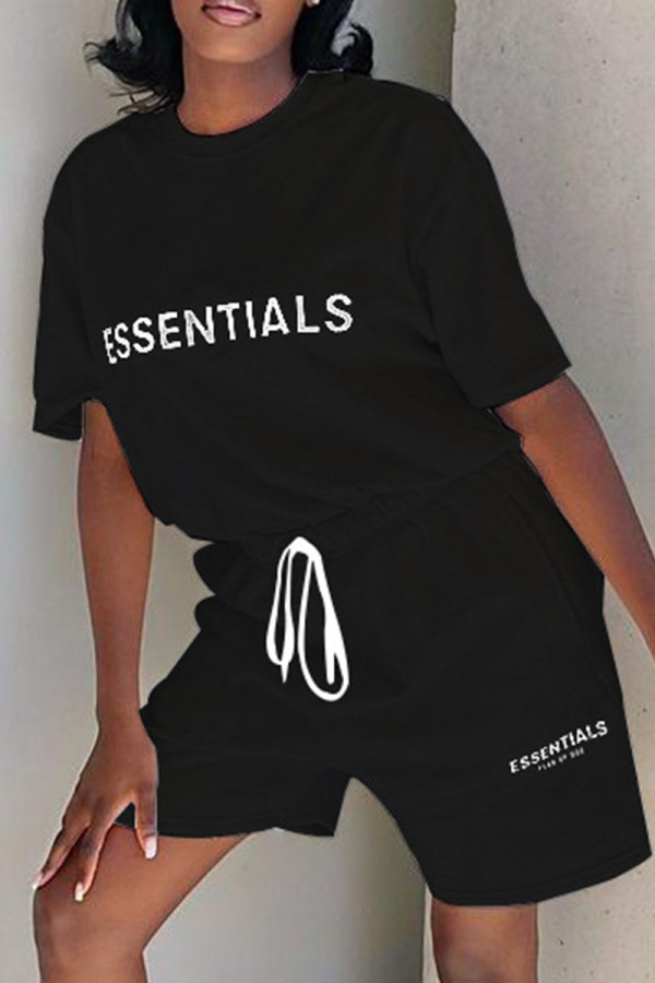 Black Fashion Casual Letter Print Basic O Neck Short Sleeve Two Pieces