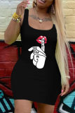 Black Fashion Casual Print Basic U Neck Vest Dress
