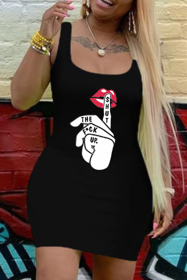 Black Fashion Casual Print Basic U Neck Vest Dress