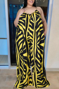 Yellow Casual Print Split Joint Backless Spaghetti Strap Loose Jumpsuits