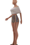 White Casual Striped Print Patchwork Off the Shoulder Short Sleeve Two Pieces