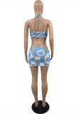 Blue Sexy Print Hollowed Out Backless Strap Design Strapless Sleeveless Two Pieces